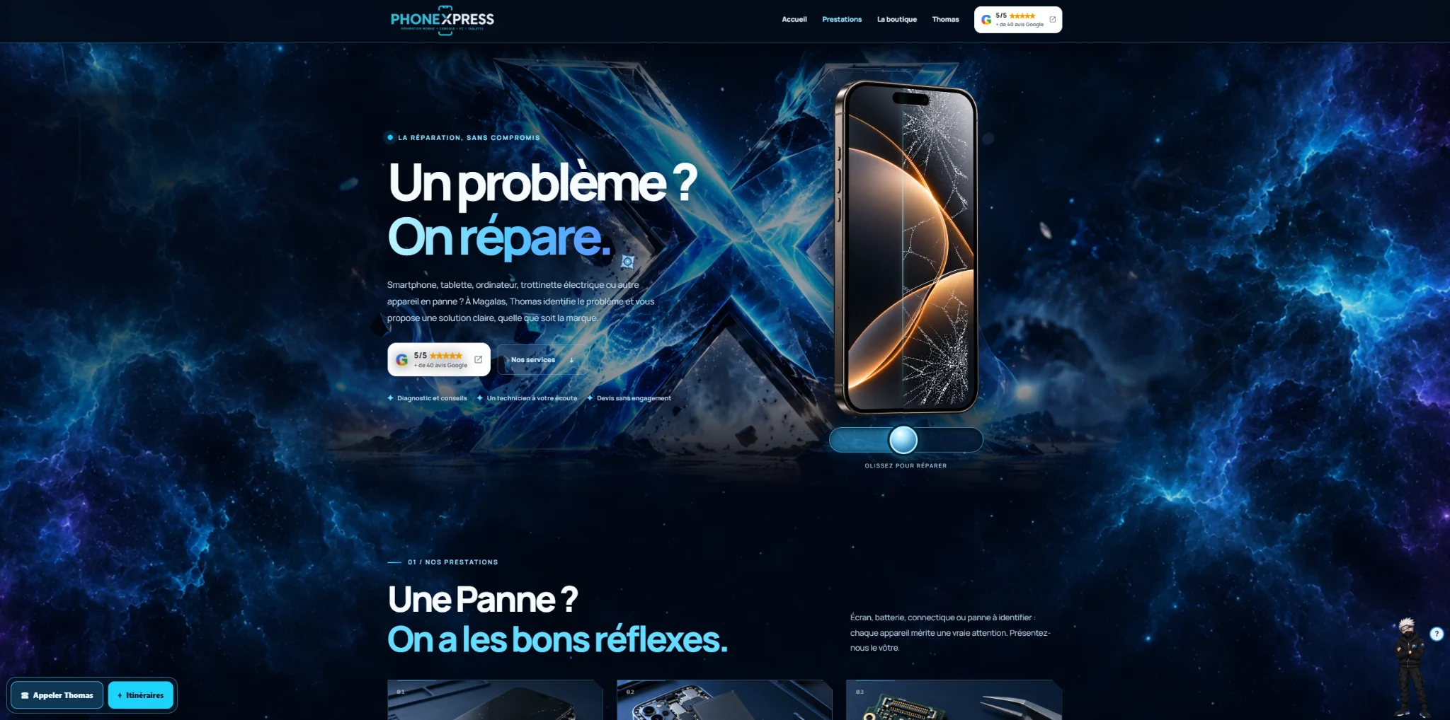 Capture fournie de la page d’accueil Phone Xpress, réparation de téléphones à Magalas